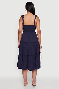 Womens Chic Bow Strap Tiered Sundress with Side Slit, L