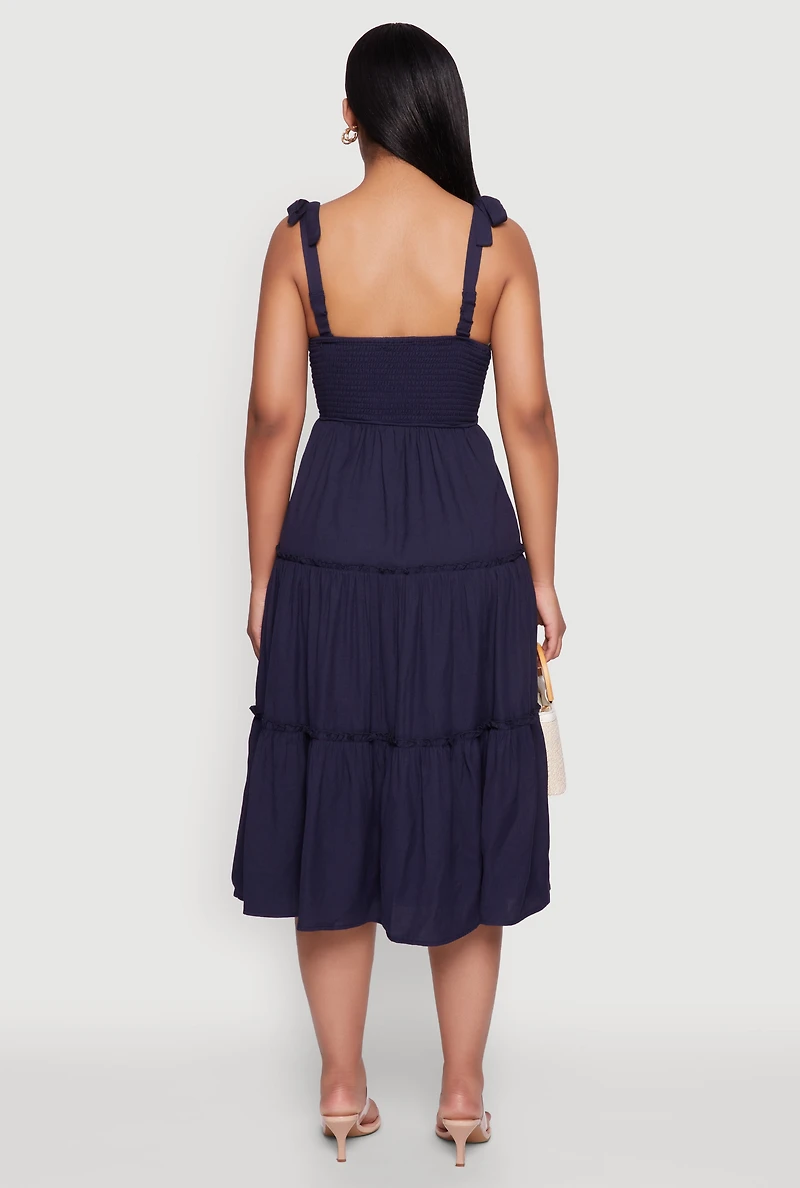Womens Chic Bow Strap Tiered Sundress with Side Slit, Blue, Size S