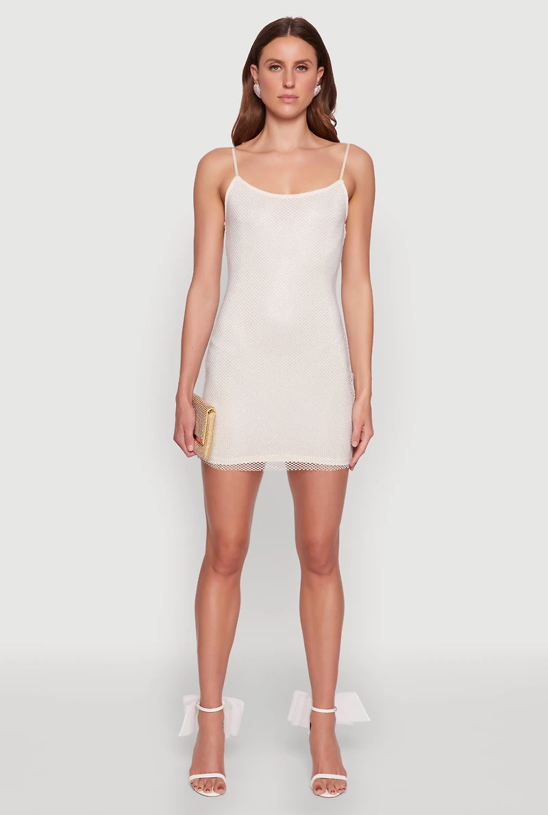 Womens Haute Monde Fishnet Lined Rhinestone Mini Dress, Beige, Size L