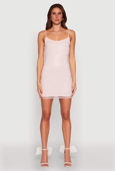 Womens Haute Monde Fishnet Lined Rhinestone Mini Dress, Pink, Size S