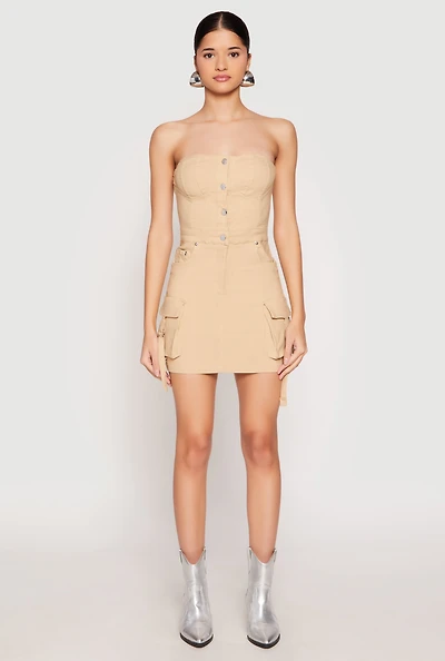 Womens Strapless Bustier Cargo Mini Dress, Beige, Size S