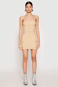 Womens Strapless Bustier Cargo Mini Dress, Beige, Size S