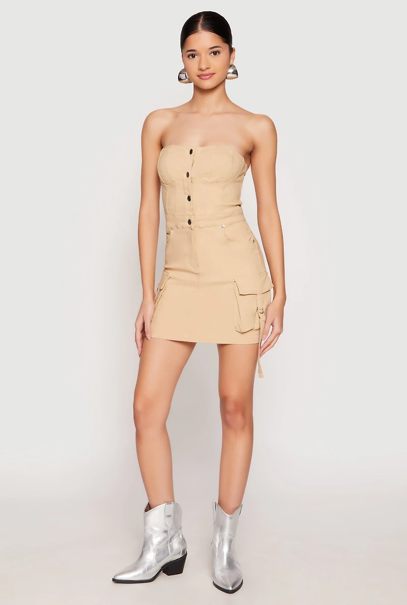 Womens Strapless Bustier Cargo Mini Dress, Beige, Size S