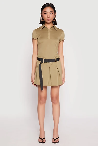 Womens Haute Monde Belted Pleated Polo Dress, Green, Size S