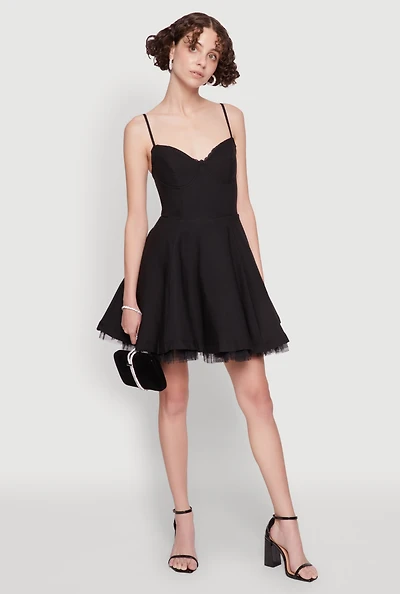Womens Elegant Tulle Lined Lace Detailed Bustier Skater Dress, Black,