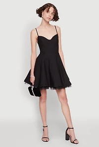 Womens Elegant Tulle Lined Lace Detailed Bustier Skater Dress, Black,