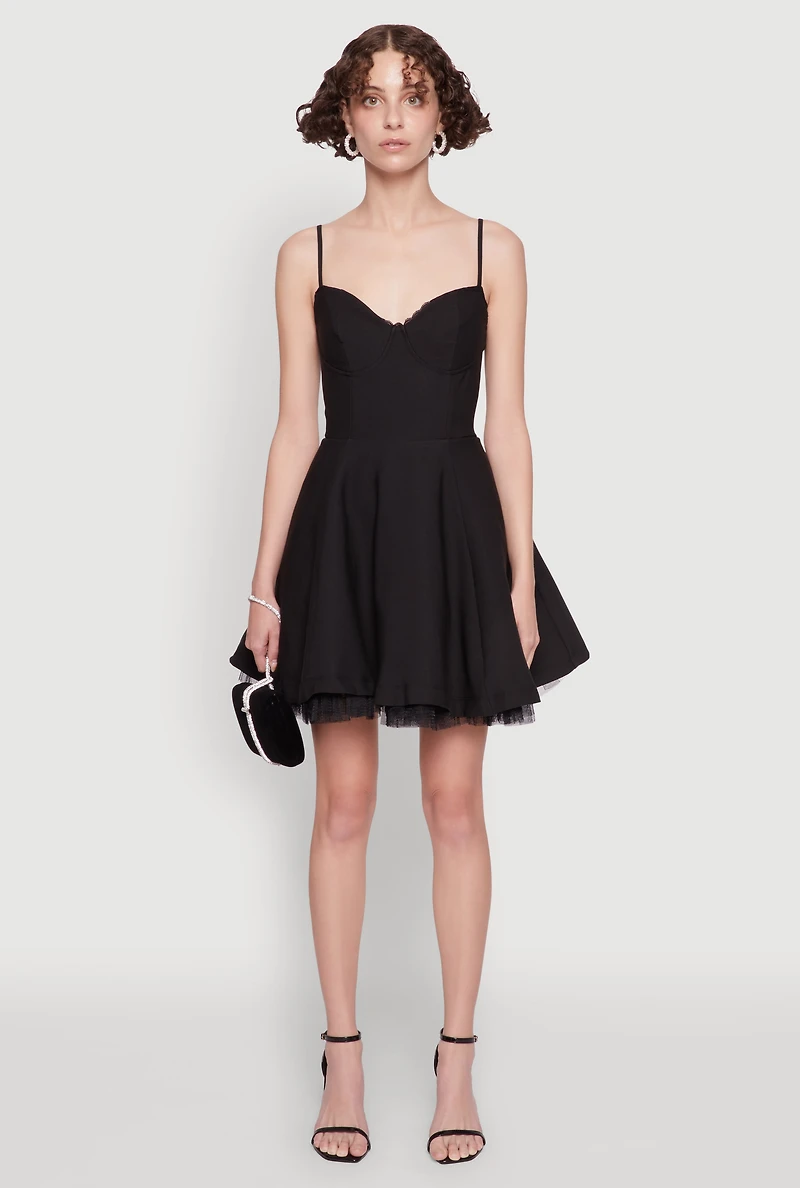 Womens Elegant Tulle Lined Lace Detailed Bustier Skater Dress, Black,