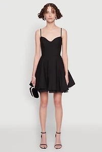 Womens Elegant Tulle Lined Lace Detailed Bustier Skater Dress, Black,