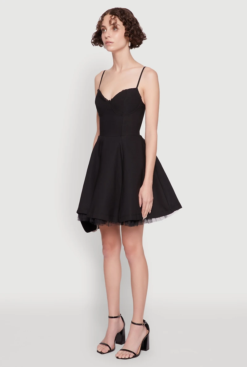 Womens Elegant Tulle Lined Lace Detailed Bustier Skater Dress, Black,