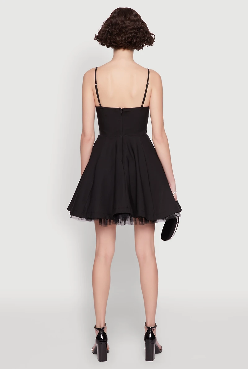Womens Elegant Tulle Lined Lace Detailed Bustier Skater Dress, Black,