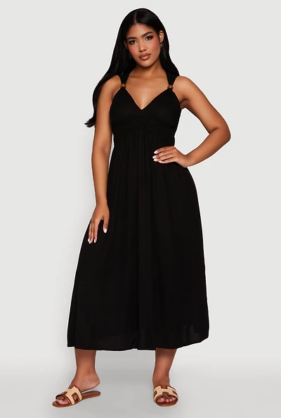 Womens Haute Monde Linen Wood Beaded Strap Sundress, Black, Size L