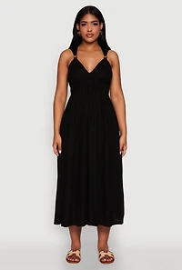 Womens Haute Monde Linen Wood Beaded Strap Sundress, Black, Size L