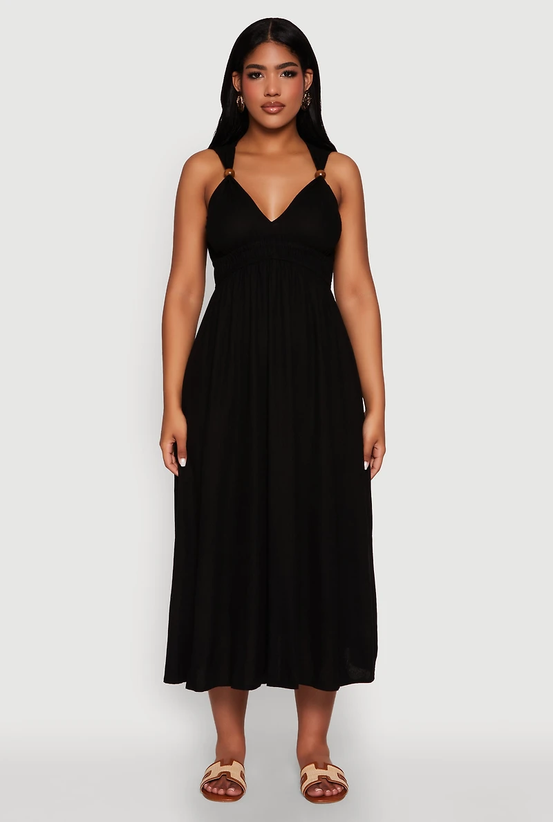 Womens Haute Monde Linen Wood Beaded Strap Sundress, Black, Size S