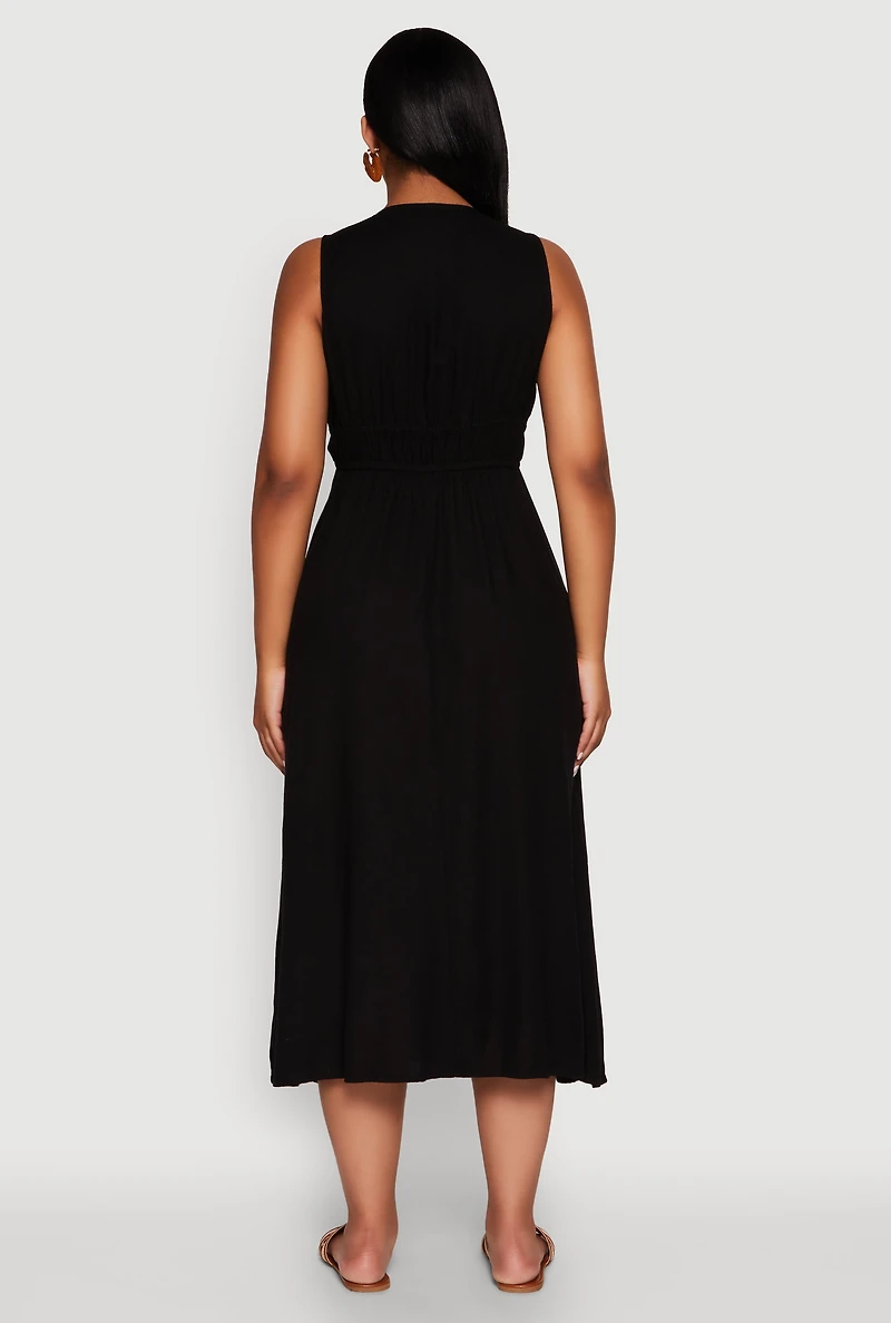 Womens Haute Monde Linen Wood Beaded Strap Sundress, Black, Size L