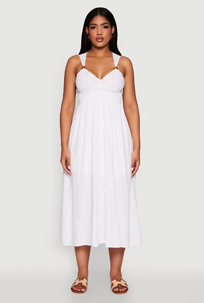 Womens Haute Monde Linen Wood Beaded Strap Sundress, White, Size L