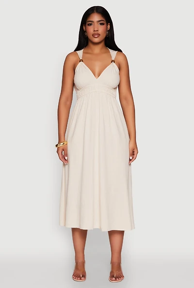 Womens Haute Monde Linen Wood Beaded Strap Sundress,