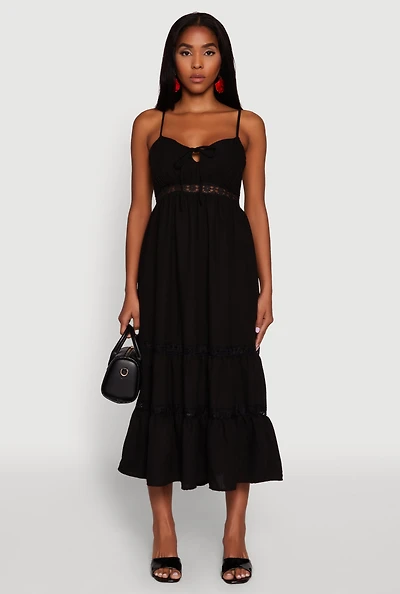 Womens Haute Monde Gauze Knit Lace Detail Tiered Sundress, Black, Size M