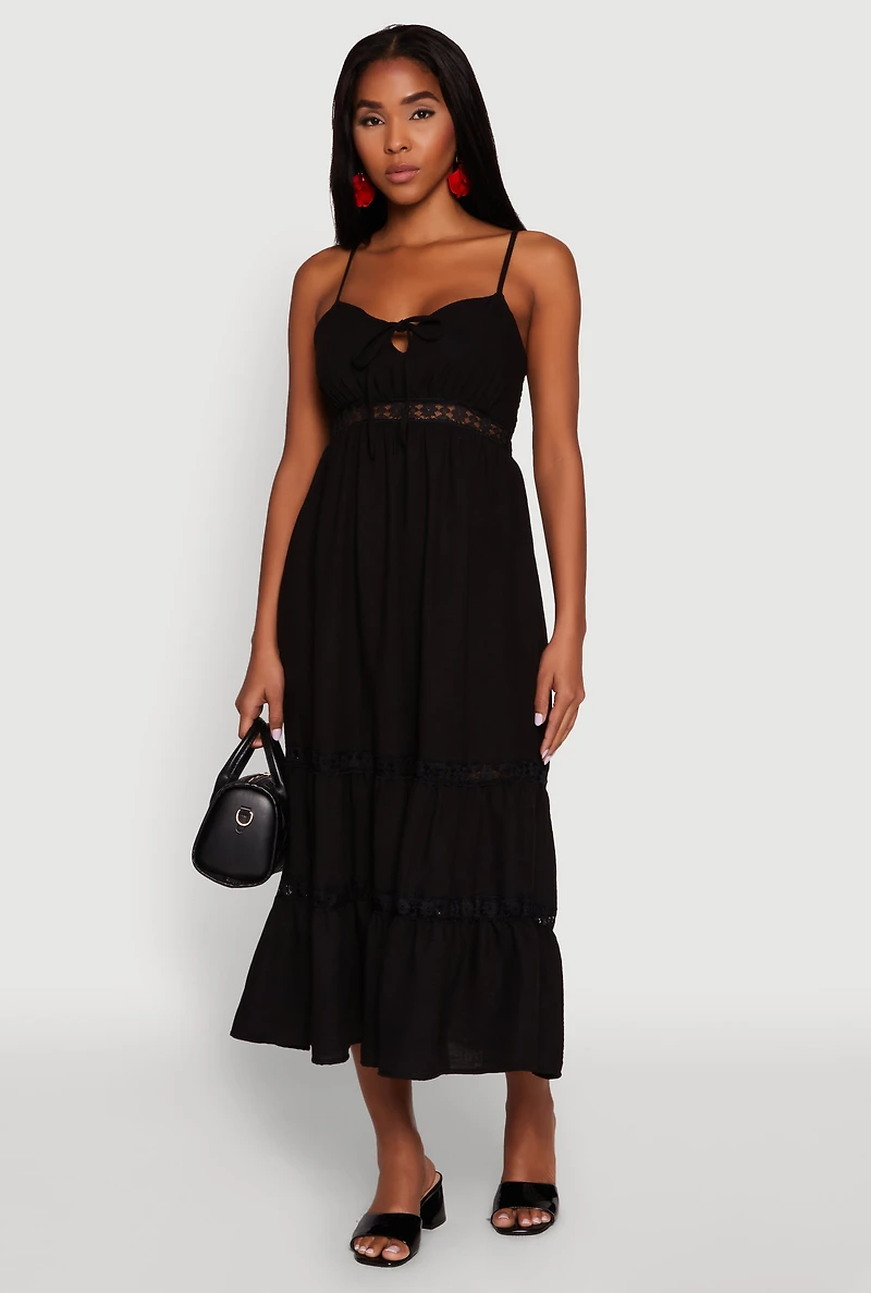 Womens Haute Monde Gauze Knit Lace Detail Tiered Sundress, Black, Size L