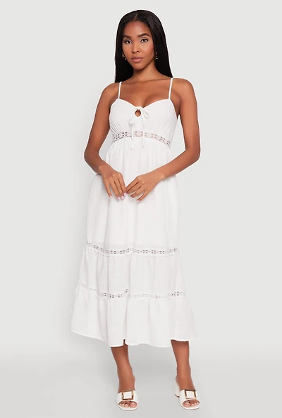 Womens Haute Monde Gauze Knit Lace Detail Tiered Sundress, White, Size L