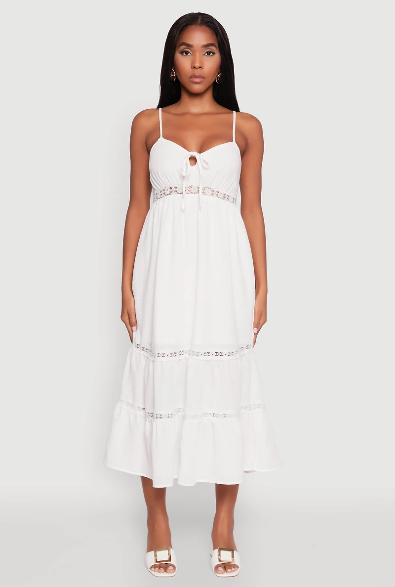 Womens Haute Monde Gauze Knit Lace Detail Tiered Sundress, White, Size L
