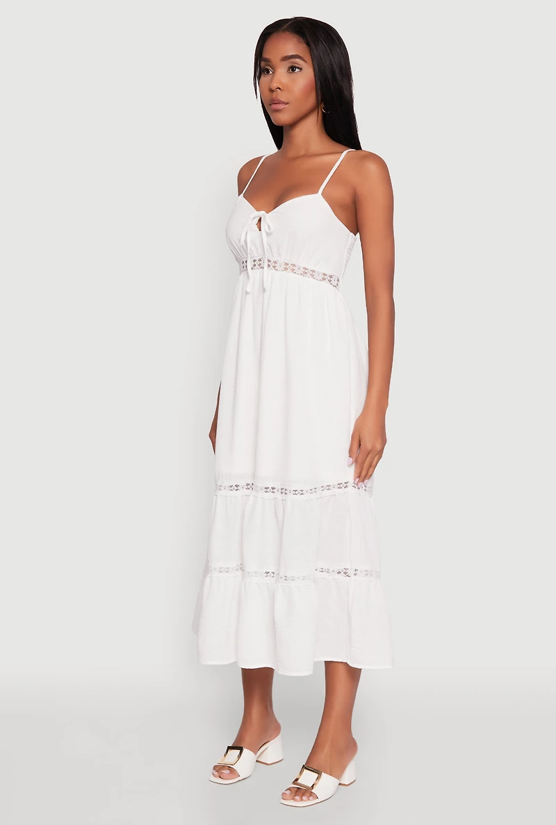 Womens Haute Monde Gauze Knit Lace Detail Tiered Sundress, White, Size L