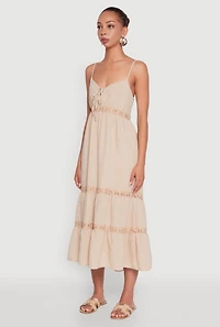 Womens Haute Monde Gauze Knit Lace Detail Tiered Sundress, Beige, Size L