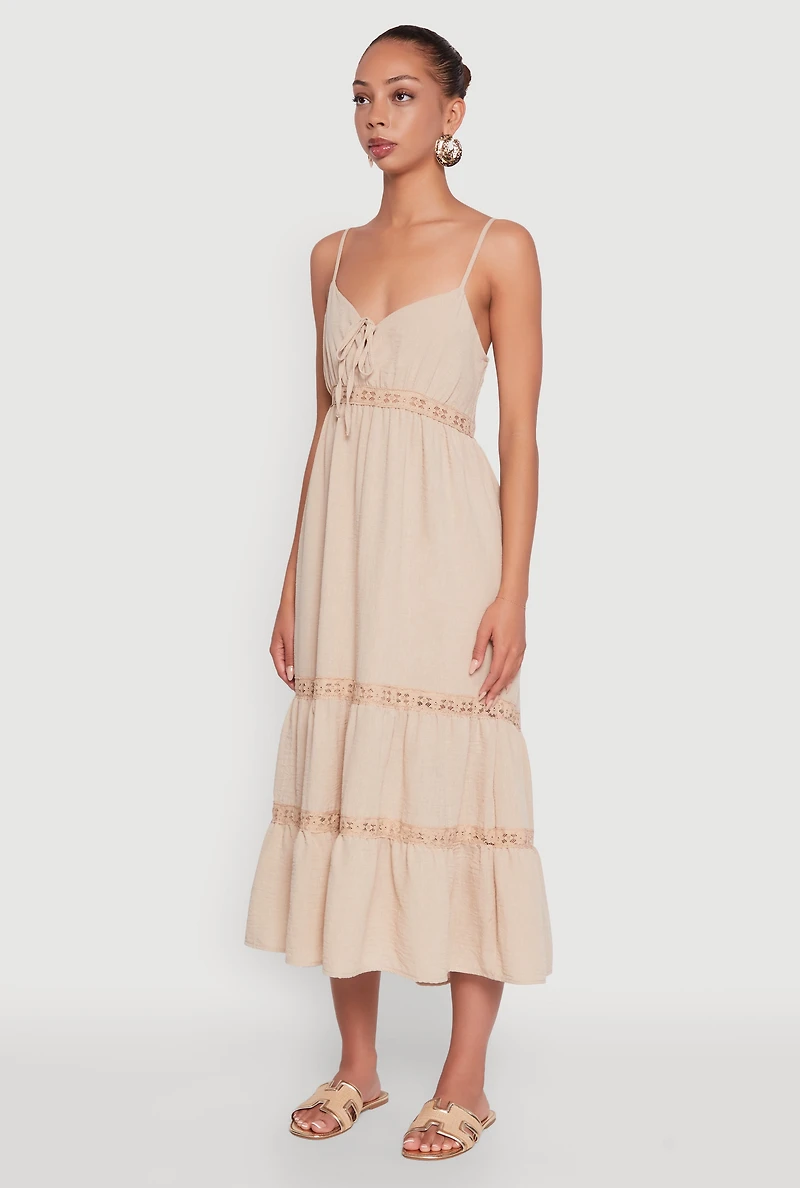Womens Haute Monde Gauze Knit Lace Detail Tiered Sundress, Beige,