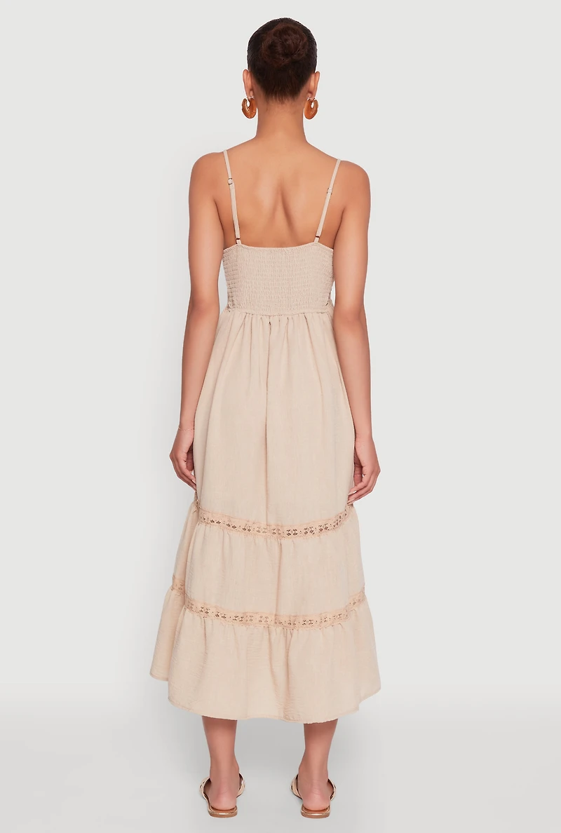 Womens Haute Monde Gauze Knit Lace Detail Tiered Sundress, Beige, Size M