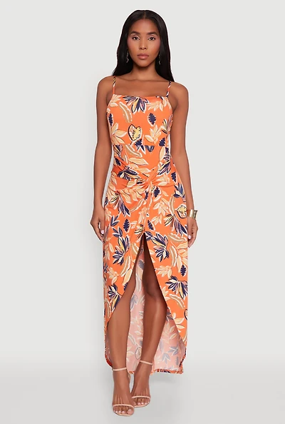 Womens Haute Monde Sleeveless Square Neck Floral High Low Maxi Dress, Orange, Size S