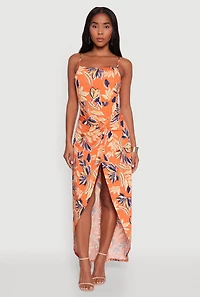 Womens Haute Monde Sleeveless Square Neck Floral High Low Maxi Dress, Orange, Size S