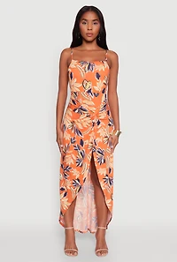 Womens Haute Monde Sleeveless Square Neck Floral High Low Maxi Dress, Orange, Size S
