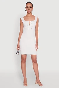 Womens Haute Monde Textured Knit Bodycon Dress with Tie Front, White,