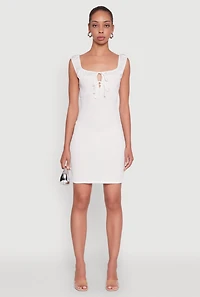 Womens Haute Monde Textured Knit Bodycon Dress with Tie Front, White, Size M