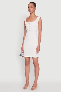 Womens Haute Monde Textured Knit Bodycon Dress with Tie Front, White, Size M