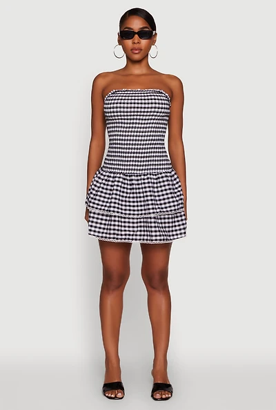 Womens Haute Monde Gingham Strapless Tiered Skater Dress, Multi, Size M