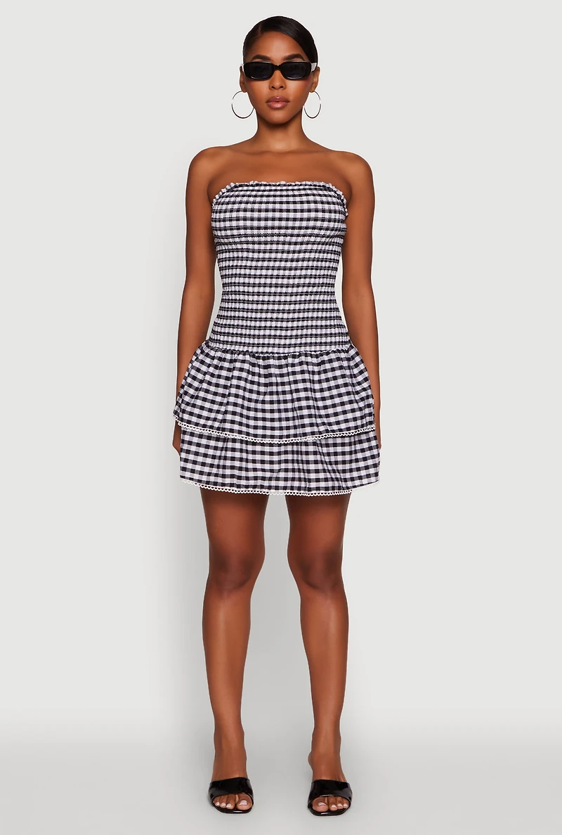 Womens Haute Monde Gingham Strapless Tiered Skater Dress, M