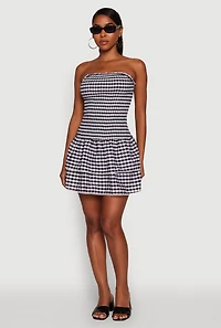 Womens Haute Monde Gingham Strapless Tiered Skater Dress, M