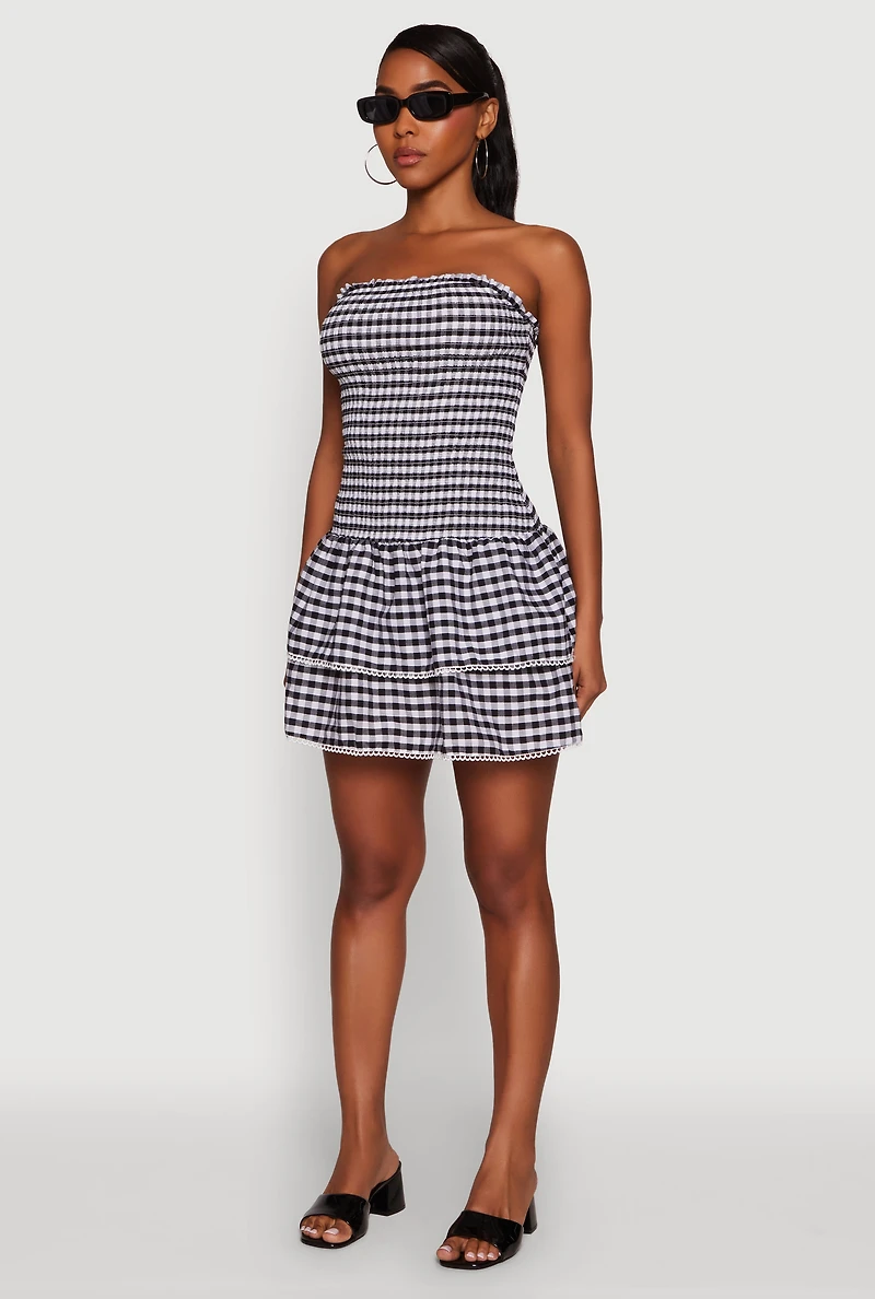 Womens Haute Monde Gingham Strapless Tiered Skater Dress,