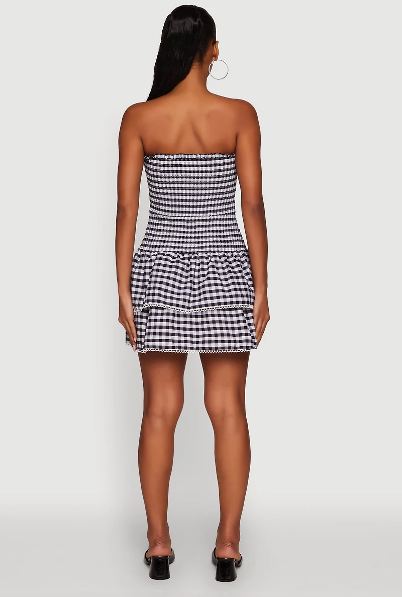 Womens Haute Monde Gingham Strapless Tiered Skater Dress, M