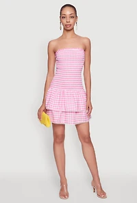 Womens Haute Monde Gingham Strapless Tiered Skater Dress, Pink,