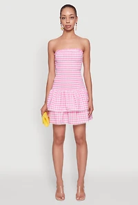 Womens Haute Monde Gingham Strapless Tiered Skater Dress, Pink, Size L