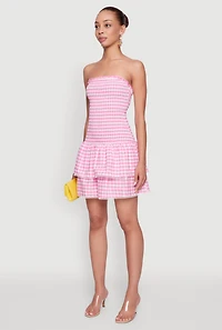 Womens Haute Monde Gingham Strapless Tiered Skater Dress, Pink,