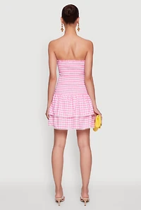 Womens Haute Monde Gingham Strapless Tiered Skater Dress, Pink, Size L