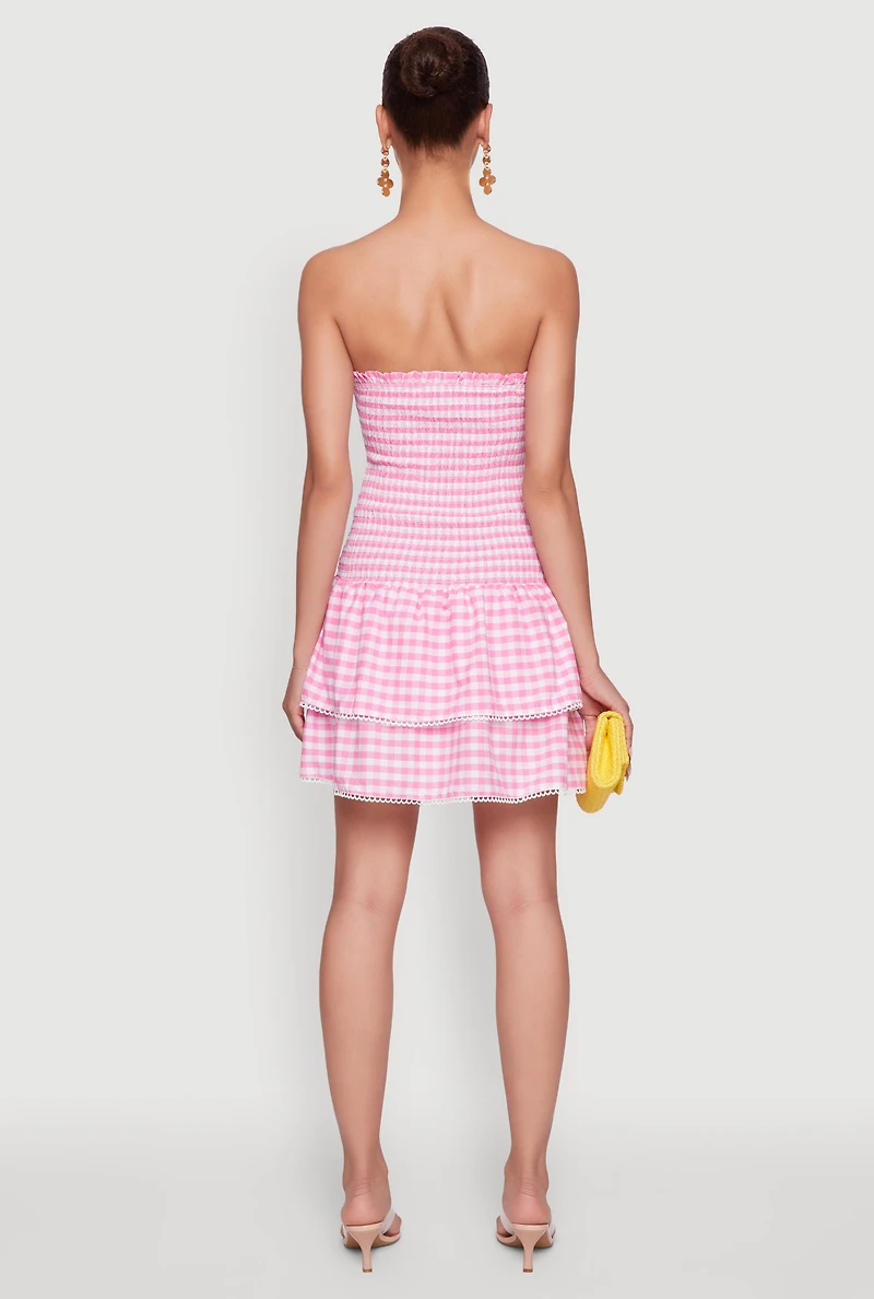 Womens Haute Monde Gingham Strapless Tiered Skater Dress, Pink,