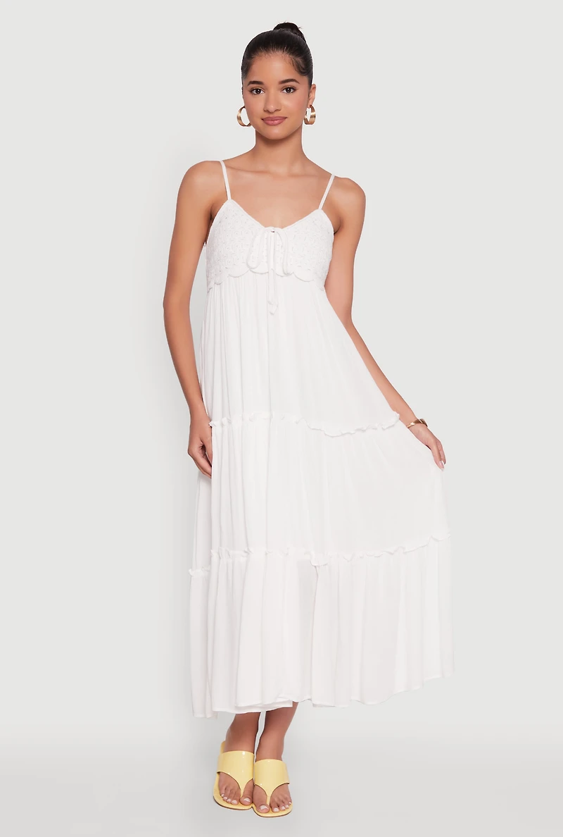 Womens Haute Monde Crochet Detail Tiered Sundress, White, Size S