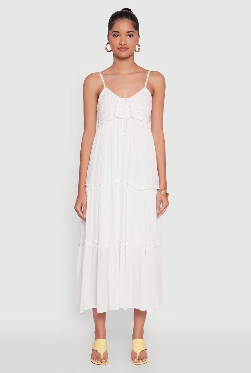 Womens Haute Monde Crochet Detail Tiered Sundress, White, Size S