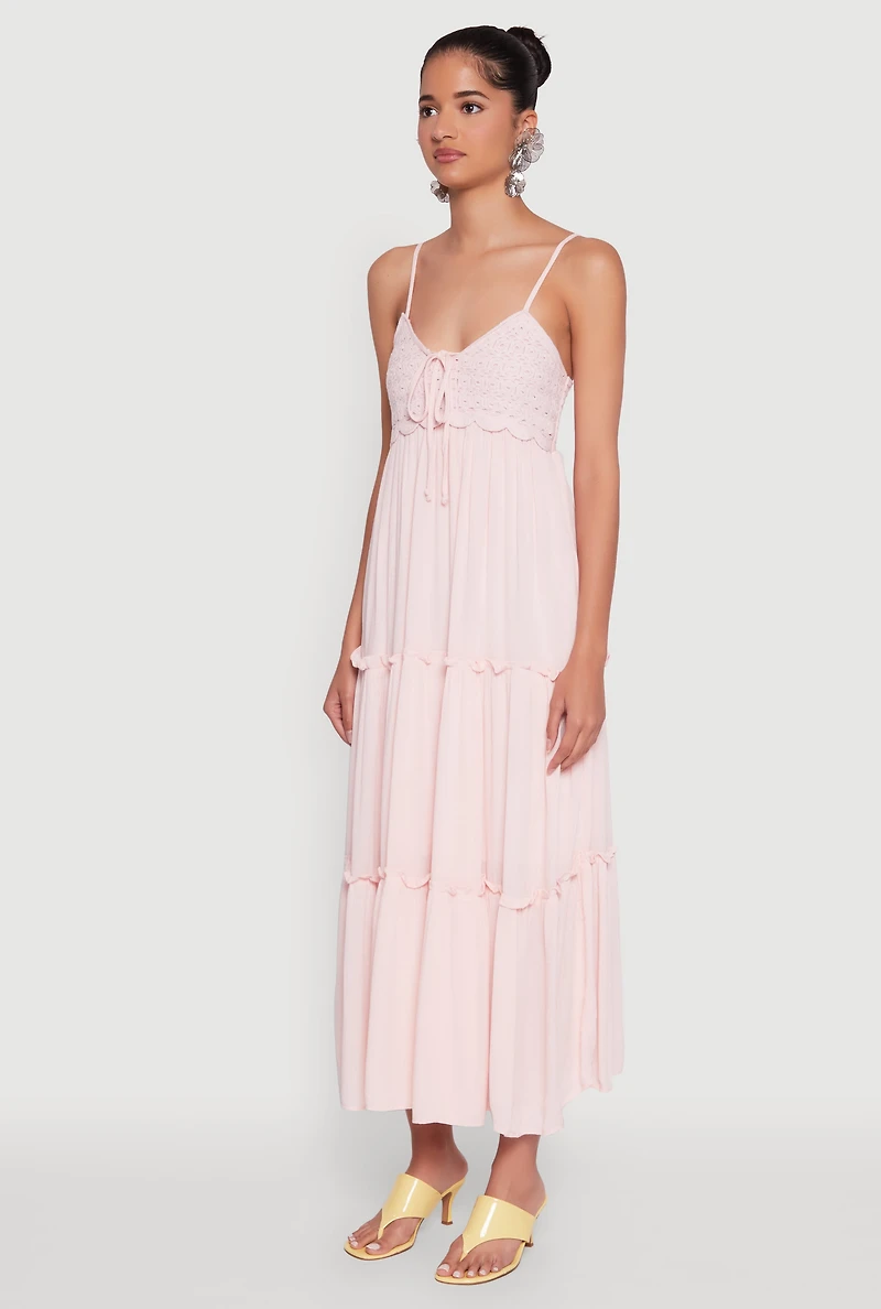 Womens Haute Monde Crochet Detail Tiered Sundress, Pink, Size S