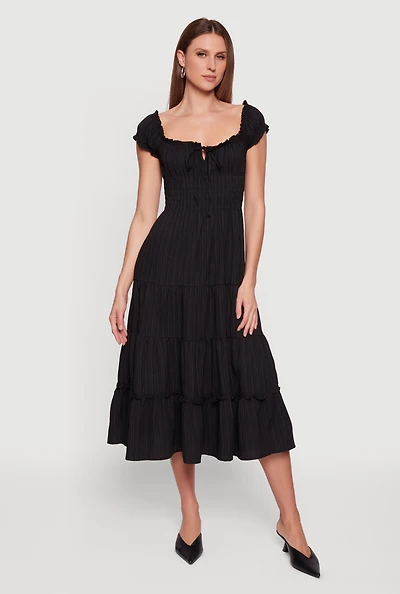 Tie Front Keyhole Ruffle Tiered Maxi Dress