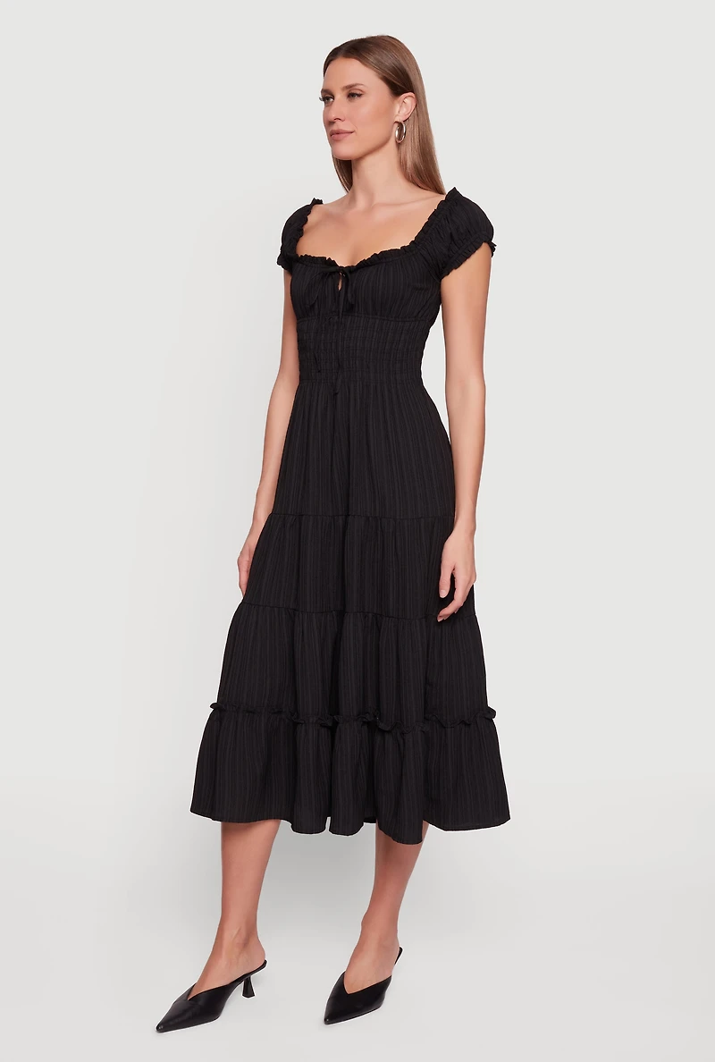 Tie Front Keyhole Ruffle Tiered Maxi Dress
