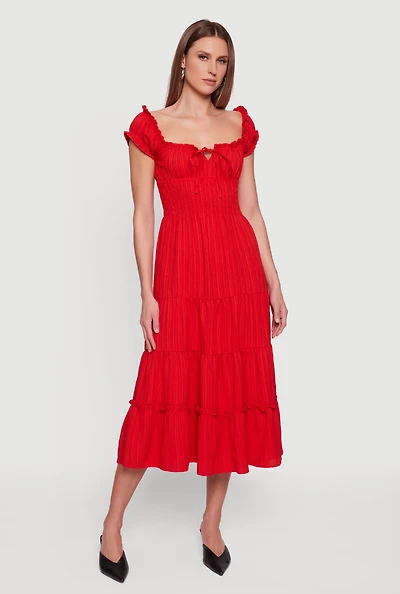 Tie Front Keyhole Ruffle Tiered Maxi Dress